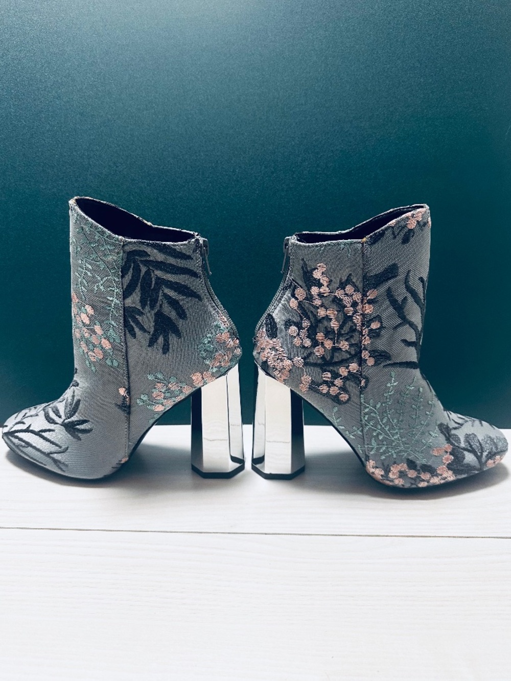 So Me Embroidered Brocade Cherry Blossom Silver Octagon Heel Ankle Boot